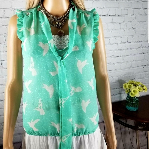 Eyelash Couture Hummingbird Sheer Blouse Top Shirt - Picture 3 of 8